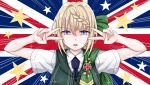  1girl blonde_hair blue_neckwear bow braid braided_bun buttons commentary_request double_v emotional_engine_-_full_drive emphasis_lines eyebrows_visible_through_hair fate/grand_order fate_(series) flag_background green_vest hair_bow kantai_collection necktie open_mouth parody perth_(kantai_collection) purple_eyes shirt short_hair short_sleeves solo star tk8d32 union_jack upper_body v vest white_shirt 
