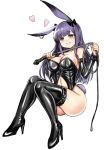  1girl animal_ears arknights ass black_bow black_footwear boots bow bunny_ears bunny_tail choker detached_sleeves hair_bow high_heel_boots high_heels highres holding_whip long_hair looking_at_viewer midriff navel purple_hair rope_(arknights) simple_background smile solo tail thighs whip white_background y.ssanoha 