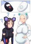  2girls ? ^_^ animal_ears aqua_nails band-width black_gloves black_hair black_leotard bodysuit braid breasts closed_eyes elbow_gloves fake_animal_ears french_braid gloves hairband hands_on_own_stomach highres large_breasts leotard medium_breasts mouse_(computer) mouse_ears multiple_girls orb original personification pregnant red_eyes short_hair silver_hair skin_tight 
