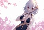  1girl aluppia azur_lane blue_dress braid breast_curtains breasts cherry_blossoms detached_collar dress falling_petals flower french_braid gloves gold_trim hair_flower hair_ornament hand_behind_head looking_at_viewer looking_to_the_side outdoors petals red_eyes rose short_hair side_slit sirius_(azur_lane) sirius_(azure_horizons)_(azur_lane) solo tree white_gloves white_hair yellow_flower yellow_rose 