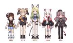  5girls :3 :d animal_ear_fluff animal_ears asymmetrical_legwear bandaged_arm bandaged_hands bandages bangs bare_shoulders bikini black_bikini black_dress black_footwear black_headwear black_jacket black_legwear black_shirt black_shorts blonde_hair blue_bow blue_eyes blue_legwear blue_scrunchie blue_skirt blush boots bow breasts brown_dress brown_eyes brown_hair brown_vest closed_mouth collared_shirt commentary_request demon_tail double_bun dress eyebrows_visible_through_hair fake_animal_ears frilled_bikini frills grey_hair hair_between_eyes hat highres jacket kneehighs long_sleeves loose_socks medium_breasts mole mole_under_eye multicolored_hair multicolored_shirt multiple_girls neck_ribbon nurse_cap one_side_up open_clothes open_jacket open_mouth original plaid plaid_skirt pleated_skirt pointy_ears puffy_long_sleeves puffy_sleeves purple_eyes red_eyes red_hair red_neckwear red_ribbon ribbed_dress ribbon sandals scrunchie shirt shoes short_shorts short_sleeves shorts simple_background single_kneehigh skirt sleeveless sleeveless_dress sleeves_past_wrists smile streaked_hair striped striped_legwear sunligh_mao swimsuit tail thighhighs tilted_headwear translation_request two-tone_hair two_side_up vest white_background white_footwear white_hair white_legwear white_shirt wrist_scrunchie 