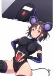  1girl animal_ears band-width black_gloves black_hair black_legwear black_leotard breasts bridal_gauntlets elbow_gloves expressionless fake_animal_ears gloves glowing highres leotard medium_breasts mouse_(computer) mouse_ears mouse_tail navel_cutout original personification pose purple_nails red_eyes skin_tight solo tail thighhighs 
