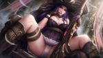  1girl bare_shoulders blue_eyes boots breasts caitlyn_(league_of_legends) cleavage dress fingerless_gloves gloves gun hat highres kaze_no_gyouja large_breasts league_of_legends long_hair panties pantyshot purple_hair rifle solo thigh_strap top_hat underwear weapon 