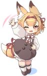  1girl ;d animal_ear_fluff animal_ears bangs blush brown_dress brown_eyes brown_footwear brown_hair chibi collared_shirt colored_shadow copyright_request dress eyebrows_visible_through_hair fang fox_ears fox_girl fox_tail gudon_(iukhzl) kneehighs long_sleeves looking_at_viewer neck_ribbon one_eye_closed open_mouth outstretched_arm puffy_long_sleeves puffy_sleeves red_ribbon ribbon shadow shirt shoes sleeveless sleeveless_dress smile solo standing star star_in_eye symbol_in_eye tail white_background white_legwear white_shirt 