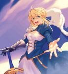  1girl ahoge armor artoria_pendragon_(all) blonde_hair blue_dress blue_sky braid cloud dress excalibur fate/grand_order fate_(series) french_braid gauntlets green_eyes hair_between_eyes highres hiro_(hirohiro_gorira) juliet_sleeves long_sleeves looking_at_viewer outstretched_hand planted_sword planted_weapon puffy_sleeves round_teeth saber short_hair sky solo sword teeth weapon 