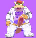  2017 anthro belly blush bodily_fluids bottomwear bowser clothing drooling erection genitals humanoid_genitalia humanoid_hands humanoid_penis kemono koopa male mario_bros nintendo overweight overweight_male pants penis penta002 saliva scalie shirt simple_background tongue tongue_out topwear video_games 