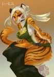  2018 anthro apron big_breasts breasts cleavage clothed clothing curvy_figure digital_media_(artwork) felid female fluffy fur hair japanese_text kadomarco long_hair looking_at_viewer mammal multicolored_body multicolored_fur orange_body orange_fur pantherine pawpads paws red_eyes signature smile solo standing text thick_thighs tiger voluptuous white_body white_fur white_hair 