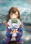  1girl bouquet brown_hair brown_skirt cloud commentary_request cowboy_shot deck flower highres jacket lighthouse long_sleeves ocean original railing rainmaker skirt sweater tile_floor tiles water waves white_sweater yellow_eyes 