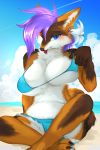  2018 2:3 anthro beach big_breasts bikini biped blue_eyes blue_sky bottomwear bra breasts brown_body brown_fur canid canine claws cleavage clothed clothing countershading day digital_media_(artwork) ear_piercing female fingers fluffy fox fur gloves_(marking) hair huge_breasts inner_ear_fluff kadomarco kemono long_hair mammal markings multicolored_body multicolored_fur one_eye_closed orange_body orange_fur outside paws piercing purple_hair seaside shorts sitting sky solo swimwear toes tongue tongue_out tuft underwear water white_body white_countershading white_fur wink 