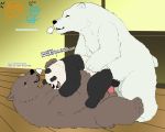  2018 5:4 anal anal_penetration anthro black_body black_fur blush brown_body brown_fur bunnybara english_text eyes_closed fur giant_panda grizzly_(shirokuma_cafe) group komugaml male male/male mammal panda-kun penetration polar_bear sex shirokuma shirokuma_cafe size_difference slightly_chubby text ursid ursine white_body white_fur 