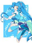  1girl ;d back_bow blue_background blue_bow blue_eyes blue_footwear blue_hair blue_legwear blue_skirt blue_theme blue_vest bow cure_fontaine full_body gloves hair_ornament healin&#039;_good_precure heart heart_hair_ornament jumping kneehighs long_hair looking_at_viewer looking_back magical_girl one_eye_closed open_mouth ponytail precure sawaizumi_chiyu shoes skirt smile solo umanosuke vest white_gloves 