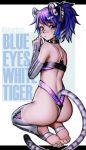  1girl absurdres animal_ears ass bare_shoulders blue_hair blush breasts commentary danielle_brindle from_behind gloves hair_ornament highres kneeling looking_at_viewer medium_breasts melody_(projektmelody) projektmelody purple_hair solo tail thighhighs tiger_ears tiger_tail 