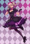  1girl alternate_costume animal_ears argyle argyle_background argyle_legwear bead_bracelet beads black_cat_d.va black_dress black_footwear black_gloves black_legwear blonde_hair bow bracelet breasts cat_ears cleavage commentary corset d.va_(overwatch) dress earrings english_commentary fake_animal_ears full_body gloves glowing heart heart_earrings high_heels jewelry lolita_fashion medium_hair na_young_lee overwatch pearl_bracelet pink_bow puffy_short_sleeves puffy_sleeves pumps purple_legwear running short_sleeves signature small_breasts solo twintails two-tone_legwear whisker_markings 