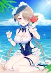  1girl absurdres bangs blush breasts cleavage commentary_request day flower gloves hair_over_one_eye highres honkai_(series) kneeling large_breasts looking_at_viewer maid maid_headdress mole mole_under_eye myao_(o3o333) ocean outdoors red_flower rita_rossweisse short_hair smile solo swimsuit 