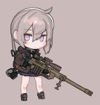  1girl :&lt; ahoge bangs beige_background bipod black_neckwear blush bolt_action brown_hoodie brown_jacket cheytac_m200 chibi collared_shirt gun headphones holding holding_weapon hood hoodie jacket looking_at_viewer low_ponytail m200_(girls_frontline) necktie purple_eyes purple_skirt ran_system rifle scope shirt shoes sidelocks silver_hair simple_background skirt sniper_rifle solo weapon white_shirt 