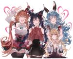  4girls bangs bare_shoulders bat_wings black_bow black_hair black_legwear black_skirt blonde_hair blue_hair blush bow braid breasts brown_skirt clarisse_(granblue_fantasy) closed_eyes closed_mouth cross-laced_clothes ear_piercing erune fang ferry_(granblue_fantasy) granblue_fantasy grey_shirt hair_between_eyes hair_bow hair_ribbon hand_up head_wings heart high-waist_skirt highres large_breasts long_hair long_sleeves looking_at_viewer low_twintails multiple_girls nier_(granblue_fantasy) open_mouth orange_hair piercing pointy_ears red_bow red_eyes red_skirt red_sweater ribbon shirt shoulder_cutout simple_background skirt sleeveless sleeveless_turtleneck small_breasts smile sweater thighhighs thighs turtleneck twin_braids twintails v vampy very_long_hair waltz_(tram) wavy_hair white_background white_shirt wings yellow_eyes 