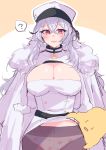  1girl :d ? absurdres azur_lane blush breasts cleavage cleavage_cutout coat commentary_request food_print fur-trimmed_coat fur_trim gangut_(azur_lane) hat highres himiya_ramune large_breasts long_hair looking_at_viewer manjuu_(azur_lane) open_mouth panties panties_under_pantyhose pantyhose peaked_cap print_panties red_eyes skirt skirt_lift smile spoken_question_mark strawberry_panties strawberry_print underwear white_hair 