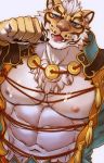  5_fingers anthro bodily_fluids chinchilla3333 clothed clothing cum cum_on_chest cum_on_face felid fingers fur fur_tuft genital_fluids hi_res lin_hu looking_at_viewer mammal multicolored_body nekojishi nipples pantherine simple_background solo tiger tongue tuft 