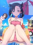  2girls ass bikini black_hair blue_eyes blue_sky brown_eyes brown_hair cloud earrings food highres jewelry kasai_shin looking_at_viewer mary_(pokemon) multiple_girls navel ocean outdoors parasol parted_lips pink_bikini poke_ball pokemon pokemon_(creature) pokemon_(game) pokemon_swsh popsicle simple_background sitting sky swimsuit twintails umbrella white_bikini yuuri_(pokemon) 