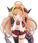  1girl ahoge bangs blonde_hair blunt_bangs blush bow braid breasts cleavage cleavage_cutout dragon_tail eyebrows_visible_through_hair gem hair_intakes hairband hands_on_own_face haniwa_(leaf_garden) highres hololive horn_bow horns kiryuu_coco leaning_forward long_hair looking_at_viewer multicolored_hair one_eye_closed orange_eyes orange_hair pleated_skirt pointy_ears single_thighhigh skirt solo standing star streaked_hair tail thigh_gap thighhighs tongue tongue_out transparent_background upper_body virtual_youtuber 