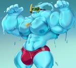  2019 abs big_muscles blue_body bulge clothing demondragoncyan fish gasaiv goo_creature hi_res huge_muscles humanoid league_of_legends male marine muscular muscular_male nipples open_mouth pecs red_clothing riot_games simple_background snorkel solo speedo standing swimwear video_games zac_(lol) 