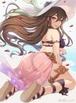  1girl absurdres armlet artist_name ass black_bra black_panties blue_eyes bra brown_hair commission flower granblue_fantasy hat hat_flower highres kneeling looking_at_viewer looking_back panties parted_lips petals pink_nails rosetta_(granblue_fantasy) sandals see-through shellvi simple_background solo sun_hat thighlet underwear white_headwear 