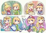  blonde_hair bow_(weapon) dark_skin dress hat link looking_at_viewer master_sword multiple_persona open_mouth pink_dress pointy_ears princess_zelda scarf shield smile sword teijiro tetra the_legend_of_zelda the_legend_of_zelda:_spirit_tracks the_legend_of_zelda:_the_wind_waker tiara toon_link upper_body weapon 