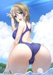  1girl :d ass back bangs bare_shoulders blue_eyes blue_swimsuit blush breasts brown_hair cloud competition_swimsuit eyebrows_visible_through_hair from_behind large_breasts looking_at_viewer looking_back love_live! love_live!_sunshine!! medium_hair mitarashi_kousei one-piece_swimsuit open_mouth shiny shiny_hair signature sky smile solo sparkle swept_bangs swimsuit wading watanabe_you water wet 