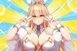  1girl ahoge animal_ears artoria_pendragon_(all) artoria_pendragon_(swimsuit_ruler)_(fate) bangs bare_shoulders blonde_hair blue_background blue_neckwear blush breasts bunny_ears bunnysuit cleavage detached_collar double_v emotional_engine_-_full_drive fate/grand_order fate_(series) feather_boa green_eyes hair_between_eyes hands_up large_breasts leotard long_hair looking_at_viewer mou_tama_maru necktie open_mouth parody ponytail sidelocks solo sparkle striped striped_background tiara two-tone_background v white_leotard wrist_cuffs yellow_background 