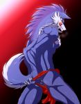  anthro anus broken_(artist) bulge butt canid canine canis clothed clothing clothing_aside fur hi_res looking_at_viewer male mammal nipples presenting presenting_anus red_clothing red_eyes solo tongue tongue_out topless wolf 
