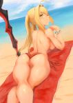  1girl aestus_estus ahoge arqa ass back bangs beach bead_bracelet beads blonde_hair blue_sky blush bracelet breasts closed_mouth fate/grand_order fate_(series) green_eyes hair_between_eyes jewelry large_breasts legs long_hair looking_at_viewer looking_back lying nero_claudius_(fate)_(all) nero_claudius_(swimsuit_caster)_(fate) on_stomach red_bikini_top shoulder_blades sky smile solo sword topless twintails weapon 