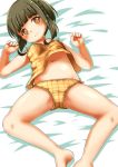  1girl bed bob_cut braid brown_eyes camisole commentary_request feet_out_of_frame green_hair highres kantai_collection lying nassukun panties plaid plaid_panties short_hair sidelocks solo takanami_(kantai_collection) underwear underwear_only yellow_camisole yellow_panties 