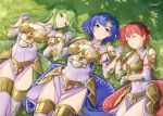  3girls arm_guards armor artist_name bangs belt blue_eyes blue_hair boots breastplate catria_(fire_emblem) closed_eyes closed_mouth dress elbow_gloves est_(fire_emblem) fire_emblem fire_emblem:_mystery_of_the_emblem fire_emblem_echoes:_shadows_of_valentia gloves grass green_eyes green_hair hand_up head_tilt headband ippers long_hair looking_at_viewer lying multiple_girls palla_(fire_emblem) pegasus_knight pink_hair shiny shiny_hair short_hair shoulder_pads siblings sisters sleeping sleeveless sleeveless_dress smile sword thigh_boots thighhighs transparent_background weapon white_dress white_footwear white_headband zettai_ryouiki 