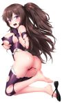  1girl areola_slip areolae ass bare_shoulders black_footwear blush breasts brown_hair covered_nipples elbow_gloves feet full_body gloves gukukimu highres large_breasts leotard long_hair looking_at_viewer open_mouth purple_eyes purple_gloves purple_legwear purple_leotard sandals simple_background solo thighhighs torn_clothes torn_gloves torn_legwear torn_leotard white_background 