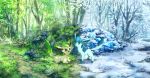  2015 amazing_background ambiguous_gender bakawasima blue_body blue_eyes blue_fur brown_eyes detailed_background digital_media_(artwork) digital_painting_(artwork) duo eeveelution feral flower forest fur glaceon grass landscape leafeon looking_at_another mammal nature nintendo nude open_mouth open_smile path plant pok&eacute;mon pok&eacute;mon_(species) sitting smile snow snowing standing summer tan_body tan_fur tree video_games winter 