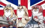  ark_royal_(kantai_collection) ark_royal_(kantai_collection)_(cosplay) ascot blonde_hair bob_cut bokukawauso braid corset cosplay crown dress flower french_braid highres kantai_collection long_hair machinery mini_crown nelson_(kantai_collection) nelson_(kantai_collection)_(cosplay) no_humans off-shoulder_dress off_shoulder red_flower red_hair red_neckwear red_ribbon red_rose ribbon rose short_hair swordfish tiara tk8d32 union_jack warspite_(kantai_collection) warspite_(kantai_collection)_(cosplay) white_dress 