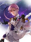  1boy absurdres character_request chinese_commentary closed_mouth flower forever_7th_capital gloves highres ljayu looking_at_viewer male_focus pink_eyes pink_hair rose short_hair sky solo star_(sky) starry_sky 
