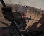  1girl 6+others armor army arrow battle chasing dual_wielding fate/grand_order fate_(series) grey_hair holding holding_sword holding_weapon horse jeanne_d&#039;arc_(alter)_(fate) jeanne_d&#039;arc_(fate)_(all) medium_hair multiple_others outdoors r_u_i_(s_1cll) riding running smoke sword torn_clothes weapon 