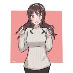  0komeshi 1girl alternate_costume artist_request ashigara_(kantai_collection) black_pants blush brown_eyes brown_hair casual commentary_request kantai_collection looking_at_viewer pants ribbed_sweater solo sweater translation_request white_headwear white_sweater 