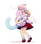  &gt;_&lt; 2girls absurdres animal_ear_fluff animal_ears ankle_socks bare_legs blonde_hair blue_fur blush bobby_socks cat_ears cat_tail english_text fang flandre_scarlet furry highres hug knees_together_feet_apart mary_janes moon_print multiple_girls no_hat no_headwear open_mouth original pink_hair pink_shirt pink_skirt puffy_short_sleeves puffy_sleeves red_footwear red_skirt shadow shirt shoes short_sleeves simple_background skirt smile socks tail touhou white_background yoruny 