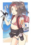  1girl alcohol alternate_costume american_flag_bikini backpack bag bangs bare_arms beach beer belt belt_pouch bikini blush breasts brown_hair collarbone commentary_request covered_nipples cowboy_shot cup disposable_cup eyebrows_visible_through_hair flag_print headband heart high_ponytail highleg highleg_bikini holding kantai_collection light_brown_hair long_hair looking_at_viewer nakadori_(movgnsk) navel open_mouth outdoors pouch sand sky small_breasts smile solo spoken_heart string_bikini swimsuit thighs utility_belt visor_cap zuihou_(kantai_collection) 