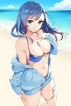  1girl bangs beach bikini blue_bikini blue_hair blue_jacket breasts cleavage commentary_request eyebrows_visible_through_hair gomashio_ponz hair_ornament hairclip highres jacket jewelry large_breasts long_hair long_sleeves looking_at_viewer maria_traydor navel necklace off-shoulder_jacket outdoors smile solo star_ocean star_ocean_till_the_end_of_time swimsuit 