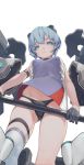  1girl alice_gear_aegis armband atk7 black_gloves blue_eyes blue_hair closed_mouth gloves half_gloves headgear highres holding looking_at_viewer looking_down mecha_musume short_hair simple_background solo thigh_strap white_background 