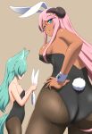  2girls animal_ear_fluff animal_ears anime_coloring ass back black_leotard blue_eyes breasts brown_legwear bunny_ears bunny_girl bunny_tail bunnysuit capitan_(tsyoujo) collarbone commentary_request covered_nipples cowboy_shot dark_skin demon_girl extra_ears fake_animal_ears hair_over_one_eye hand_on_hip highres horns large_breasts leotard long_hair looking_at_object looking_at_viewer looking_back multiple_girls original pantyhose parted_lips pink_hair purple_eyes small_breasts smile strapless strapless_leotard tail very_long_hair wrist_cuffs 