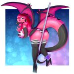  1:1 absolute_territory amethystdust anthro blue_eyes bottomwear clothing dancing dragon female footwear hi_res high_heels horn legwear lingerie miniskirt panties pole pole_dancing seri shoes skirt solo stockings underwear wings 