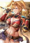  1girl arm_guards armor ass_visible_through_thighs asymmetrical_bangs bangs bare_thighs belt bikini_armor black_bikini_bottom blonde_hair blue_eyes braid breasts brown_belt carrying_over_shoulder cleavage commentary_request cowboy_shot eyebrows_visible_through_hair gauntlets granblue_fantasy groin hair_intakes hairband highres himuro_(dobu_no_hotori) holding holding_spear holding_weapon lamp large_breasts looking_at_viewer midriff navel pillar polearm purple_skirt red_armor showgirl_skirt shrug_(clothing) sidelocks skirt smile smirk solo spear tile_floor tiles twintails weapon zeta_(granblue_fantasy) 