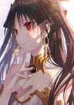  1girl black_hair breasts choker cleavage earrings fate/grand_order fate_(series) finger_to_chin highres hoop_earrings ishtar_(fate)_(all) ishtar_(fate/grand_order) jewelry long_hair red_eyes smile yano_mitsuki 
