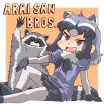  1:1 2019 animal_humanoid arai-san feral fur grey_body grey_fur human_and_animal_ears humanoid humanoid_hands kemono_friends mammal mammal_humanoid multi_ear procyonid procyonid_humanoid raccoon raccoon_humanoid sitting text umikazenet3 