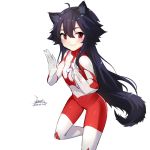  1girl animal_ears black_hair bodysuit breasts commentary_request dated ejami ekko_(ejami) fox_ears fox_girl fox_tail long_hair looking_at_viewer red_eyes signature simple_background smile solo tail ultra_series ultraman ultraman_(1st_series) white_background 