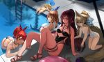  4girls 5mango! absurdres bangs bikini blue_eyes fal_(girls_frontline) full_body g41_(girls_frontline) girls_frontline hair_between_eyes highres looking_at_viewer mp7_(girls_frontline) multiple_girls one-piece_swimsuit one_eye_closed pool pool_ladder poolside purple_hair red_eyes red_hair sandals school_swimsuit swimsuit wa2000_(girls_frontline) water 